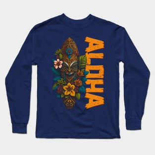 Aloha Hawaii Surfboard floral splash Tiki mask Long Sleeve T-Shirt